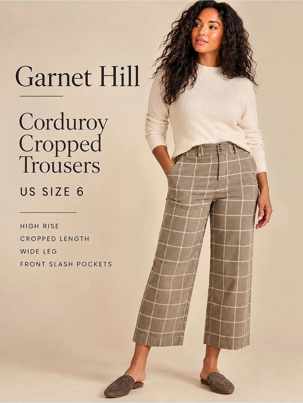 Garnet Hill Corduroy Cropped Trousers Windowpane Plaid Pants Size 659